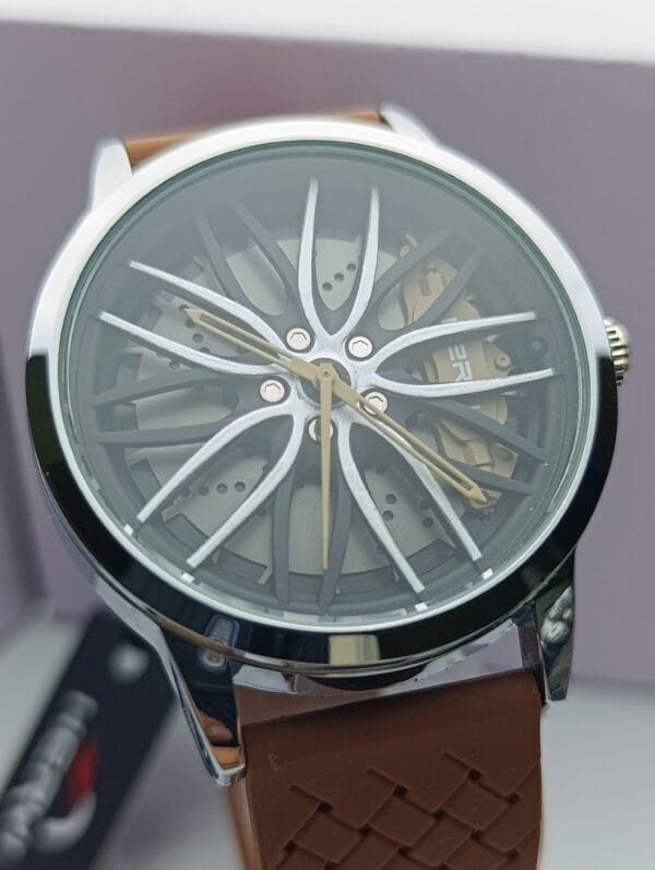 Heryi Unique Car Rim Inspired Watch with Brown Strap - Image 2