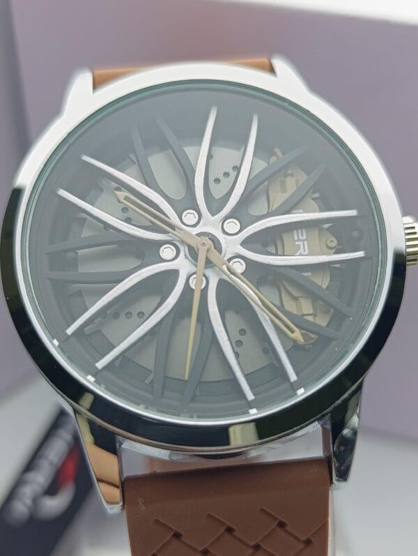 Heryi Unique Car Rim Inspired Watch with Brown Strap
