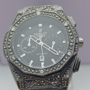 Hublot Black Chronograph Watch with Gem-Set Bezel and Case