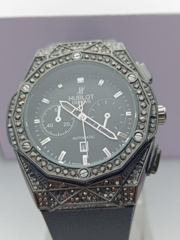 Hublot Black Chronograph Watch with Gem-Set Bezel and Case - Image 3