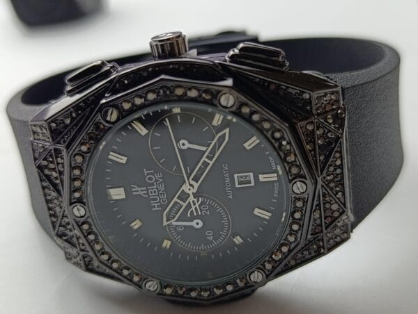 Hublot Black Chronograph Watch with Gem-Set Bezel and Case - Image 2