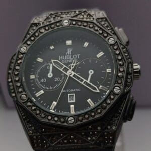 Hublot Black Chronograph Watch with Gem-Set Bezel and Case