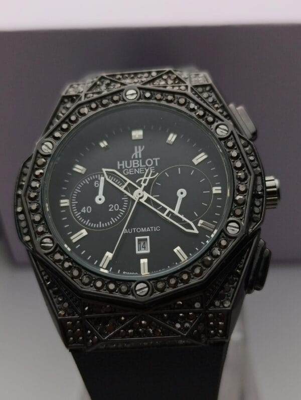 Hublot Black Chronograph Watch with Gem-Set Bezel and Case - Image 5