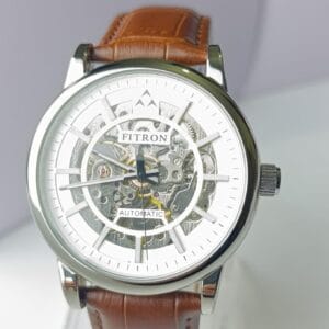 : Fitron Automatic Skeleton Watch with Brown Leather Strap