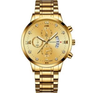 Luxurious FNGEEN Men's Gold-Tone Chronograph-Style Watch with Diamond Accents