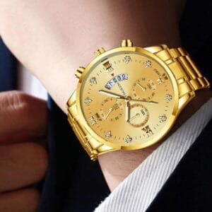 Luxurious FNGEEN Men's Gold-Tone Chronograph-Style Watch with Diamond Accents