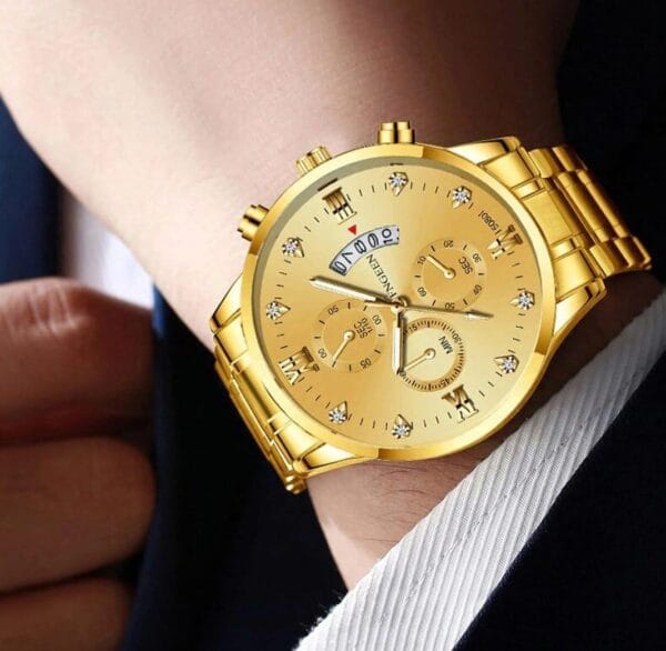 Luxurious FNGEEN Men's Gold-Tone Chronograph-Style Watch with Diamond Accents - Image 4