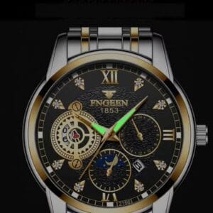Luxurious FNGEEN Men's Gold-Tone Chronograph-Style Watch with Diamond Accents