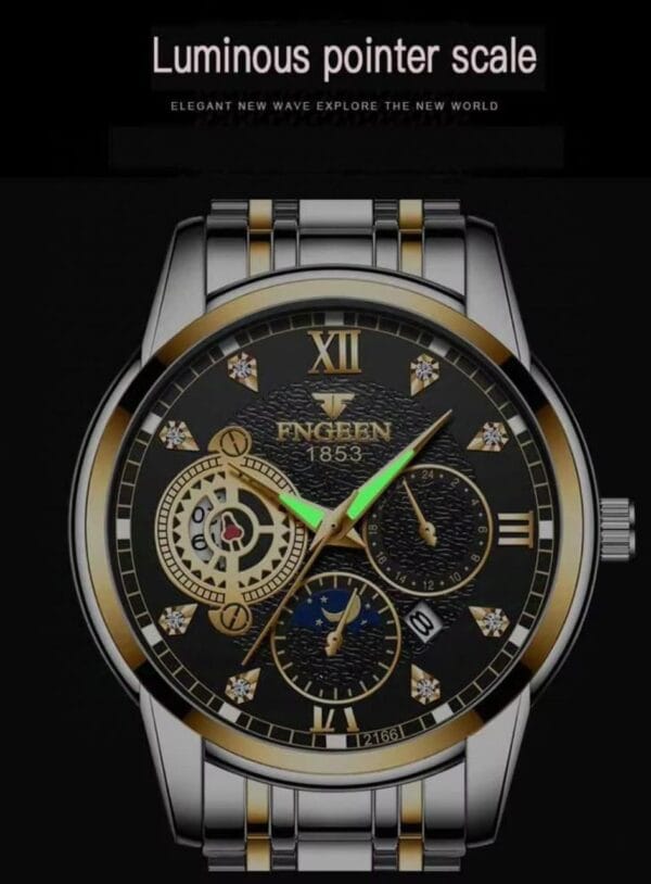 Luxurious FNGEEN Men's Gold-Tone Chronograph-Style Watch with Diamond Accents - Image 3