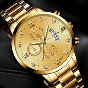 Luxurious FNGEEN Men's Gold-Tone Chronograph-Style Watch with Diamond Accents