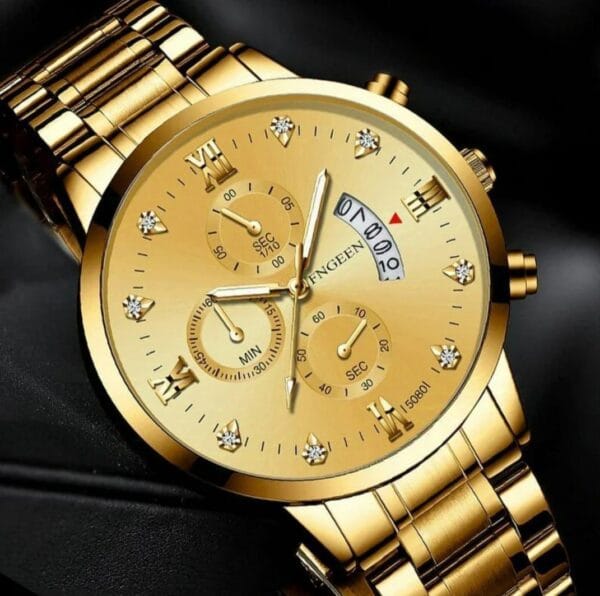 Luxurious FNGEEN Men's Gold-Tone Chronograph-Style Watch with Diamond Accents