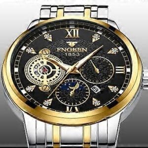Luxurious FNGEEN Men's Gold-Tone Chronograph-Style Watch with Diamond Accents