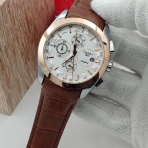Elegant Tissot Chronograph Watch with White Dial & Brown Leather Strap