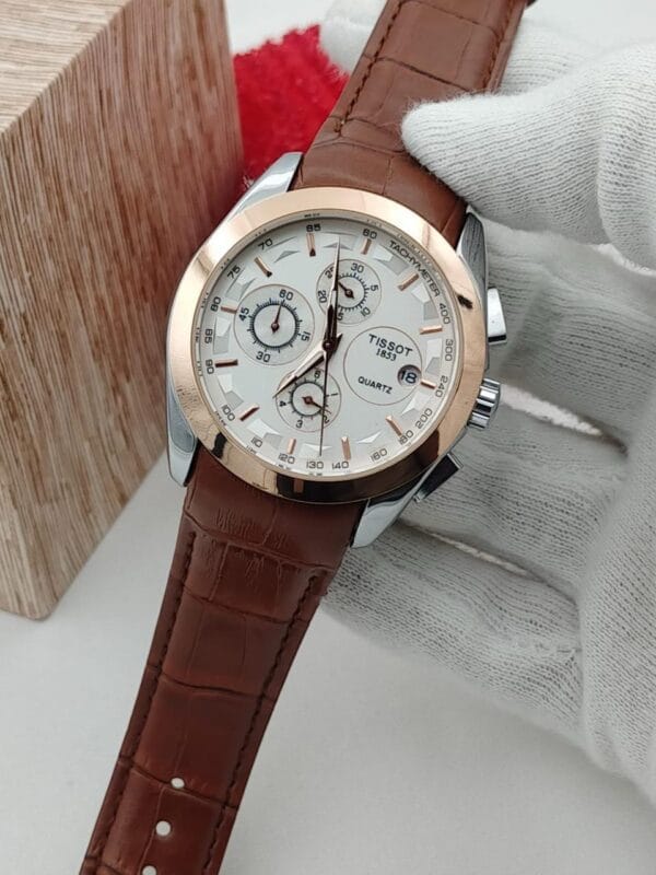 Elegant Tissot Chronograph Watch with White Dial & Brown Leather Strap - Image 4