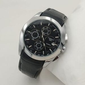 Elegant Tissot Chronograph Watch with White Dial & Brown Leather Strap