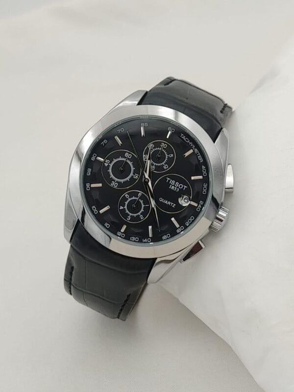 Elegant Tissot Chronograph Watch with White Dial & Brown Leather Strap - Image 3