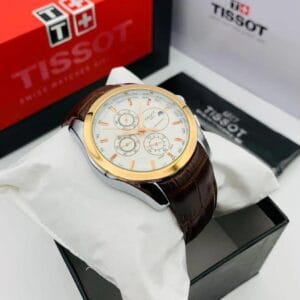 Elegant Tissot Chronograph Watch with White Dial & Brown Leather Strap