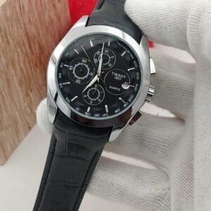 Elegant Tissot Chronograph Watch with White Dial & Brown Leather Strap