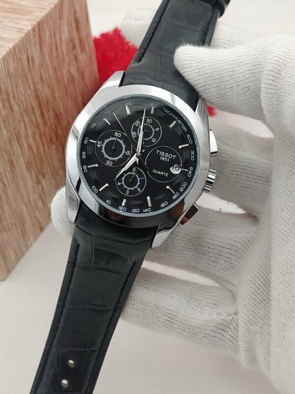 Elegant Tissot Chronograph Watch with White Dial & Brown Leather Strap - Image 2