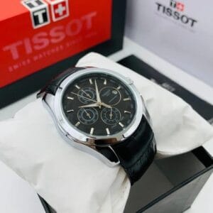 Elegant Tissot Chronograph Watch with White Dial & Brown Leather Strap