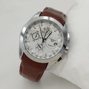 Elegant Tissot Chronograph Watch with White Dial & Brown Leather Strap