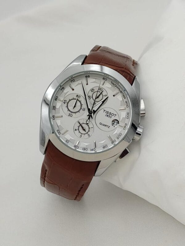 Elegant Tissot Chronograph Watch with White Dial & Brown Leather Strap - Image 13