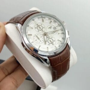 Elegant Tissot Chronograph Watch with White Dial & Brown Leather Strap