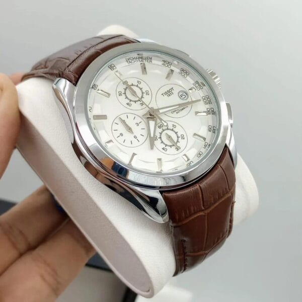 Elegant Tissot Chronograph Watch with White Dial & Brown Leather Strap - Image 6