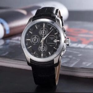 Elegant Tissot Chronograph Watch with White Dial & Brown Leather Strap