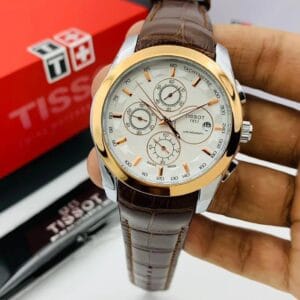 Elegant Tissot Chronograph Watch with White Dial & Brown Leather Strap