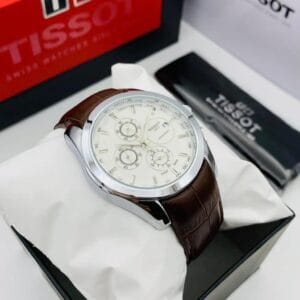 Elegant Tissot Chronograph Watch with White Dial & Brown Leather Strap