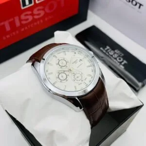 Elegant Tissot Chronograph Watch with White Dial & Brown Leather Strap
