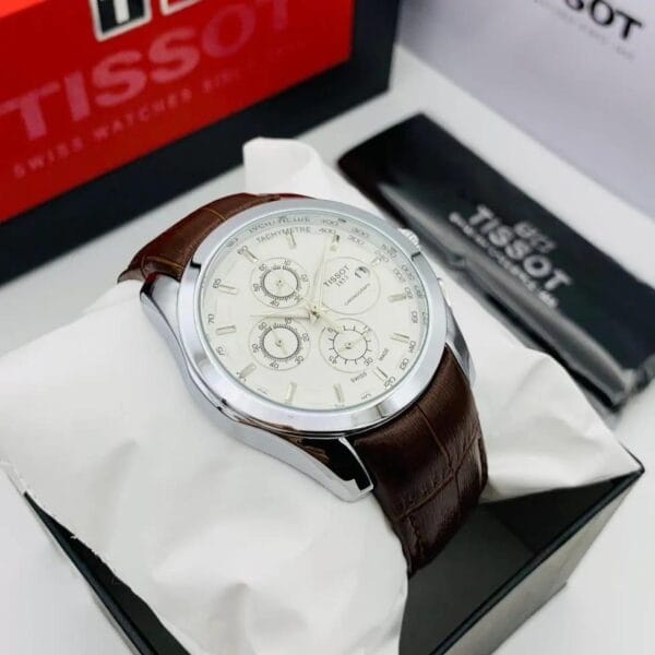 Elegant Tissot Chronograph Watch with White Dial & Brown Leather Strap