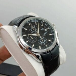 Elegant Tissot Chronograph Watch with White Dial & Brown Leather Strap