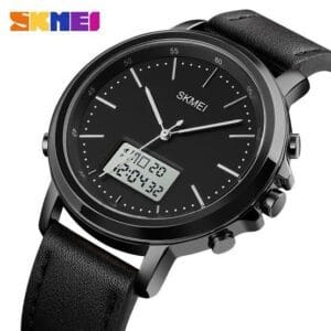 SKMEI Men's Stylish Black Analog-Digital Quartz Watch with Leather Strap