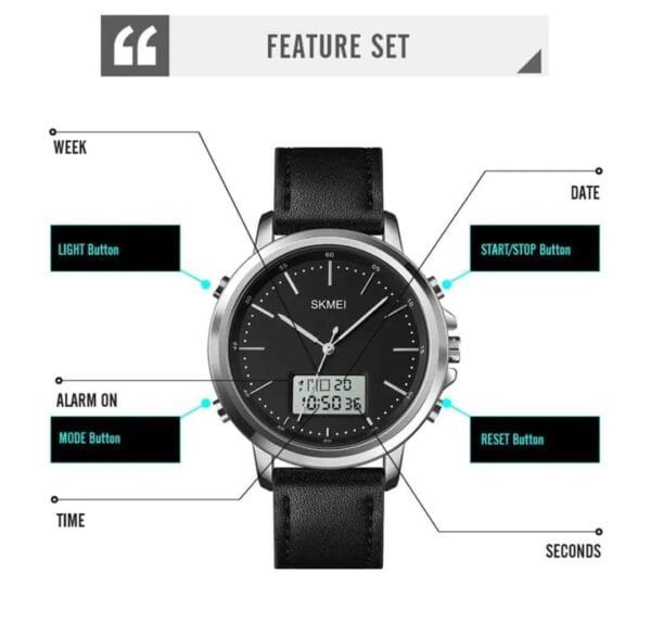 SKMEI Men's Stylish Black Analog-Digital Quartz Watch with Leather Strap - Image 2