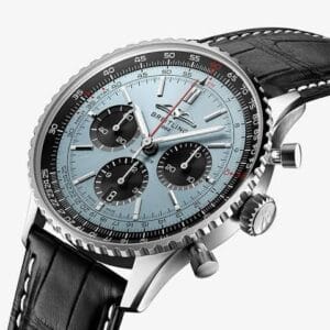 Breitling Chronograph Watch with Light Blue Dial & Black Leather Strap