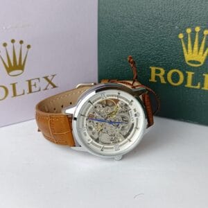 Men's Rolex-Branded Automatic Skeleton Watch with Gold Dial & Black Leather Strap