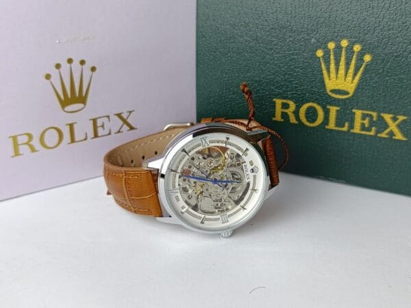 Men's Rolex-Branded Automatic Skeleton Watch with Gold Dial & Black Leather Strap - Image 5