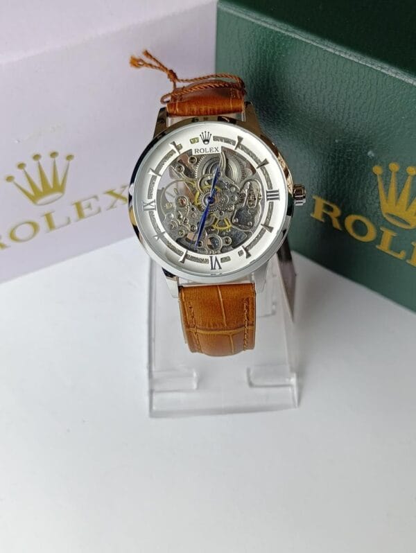 Men's Rolex-Branded Automatic Skeleton Watch with Gold Dial & Black Leather Strap - Image 6
