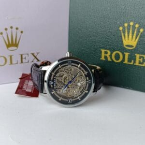 Men's Rolex-Branded Automatic Skeleton Watch with Gold Dial & Black Leather Strap