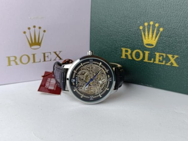 Men's Rolex-Branded Automatic Skeleton Watch with Gold Dial & Black Leather Strap - Image 4
