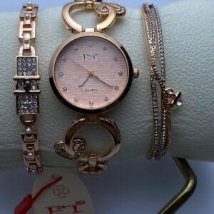 Stylish Women's Rose Gold Tone Quartz Watch & Double Bracelet Set - Many Colors!