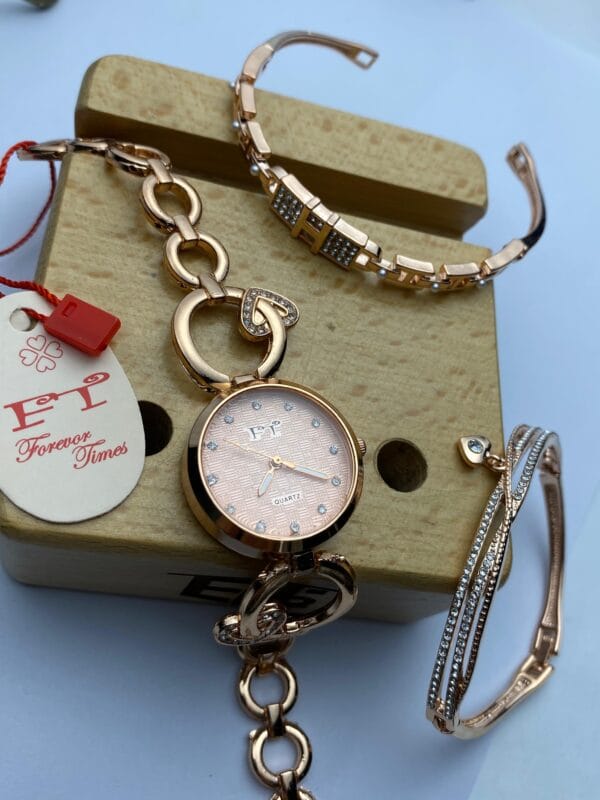 Stylish Women's Rose Gold Tone Quartz Watch & Double Bracelet Set - Many Colors! - Image 2