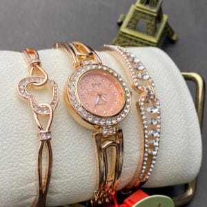 Stylish Women's Rose Gold Tone Quartz Watch & Double Bracelet Set - Many Colors!