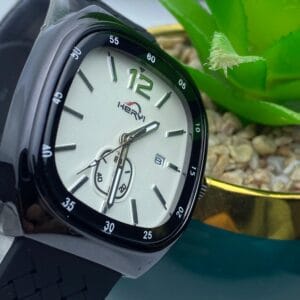 HERYI Men's Tonneau Case Watch with Dark Dial, Super Silicone Strap & Magnetic Lock