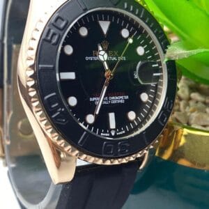 Men's Rolex-Branded Diver-Style Watch with Rotating Bezel, Rose Gold Tone & Black Dial