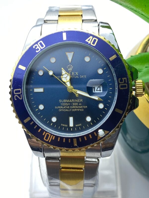 Men's Rolex-Branded Submariner-Style Watch: Two-Tone with Blue Dial & Rotating Bezel - Image 3