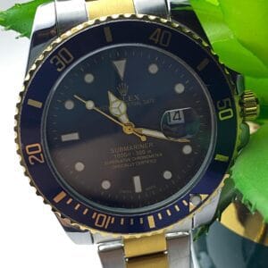 Men's Rolex-Branded Submariner-Style Watch: Two-Tone with Blue Dial & Rotating Bezel