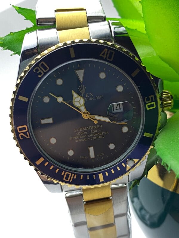 Men's Rolex-Branded Submariner-Style Watch: Two-Tone with Blue Dial & Rotating Bezel